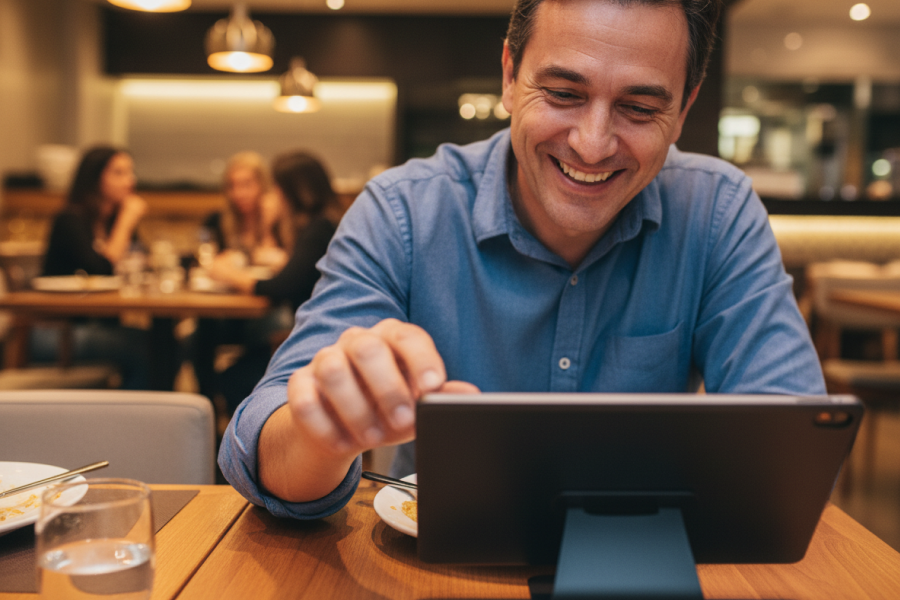 Homem sorridente usando um tablet em um restaurante com outras pessoas ao fundo, criar uma experiência positiva no ambiente.
