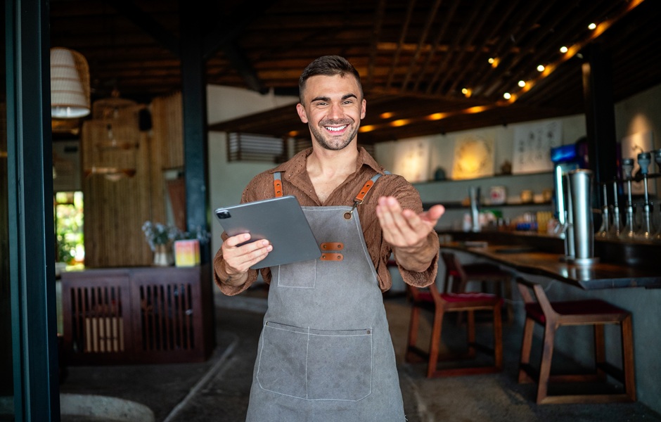 Homem sorridente, dono de restaurante ou bar, usando avental, segurando tablet em um estabelecimento com ambiente rústico e acolhedor.