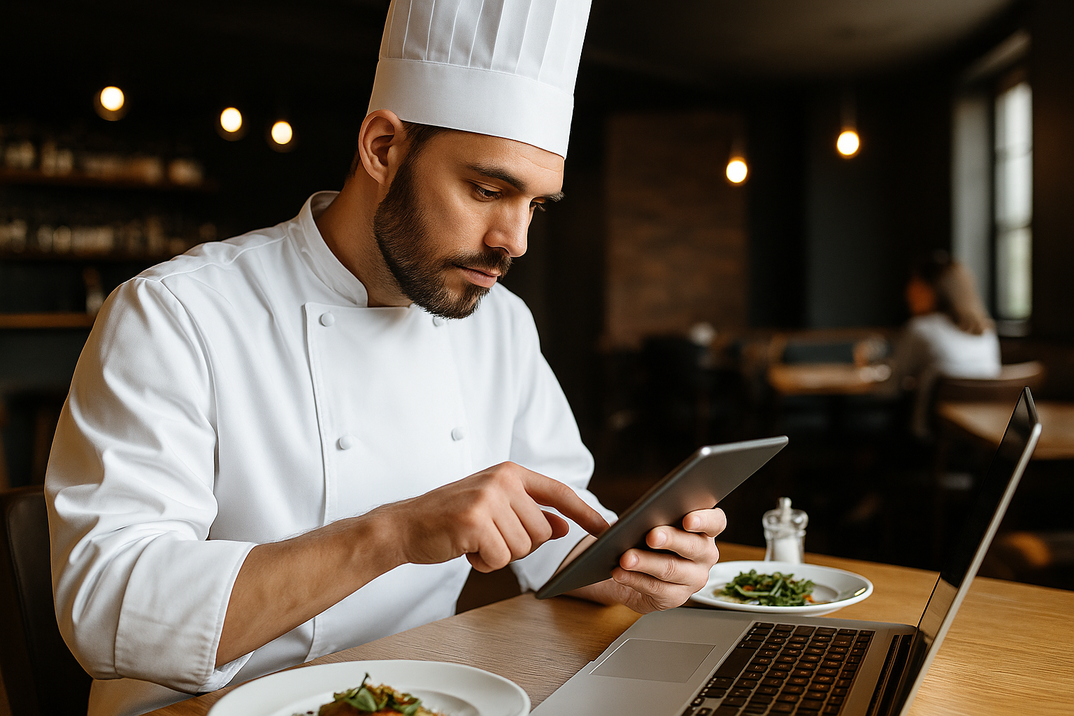 Chef profissional usando tablet em cozinha moderna, focado em receita ou gestão de restaurante, destacando preparação culinária e tecnologia na gastronomia.
