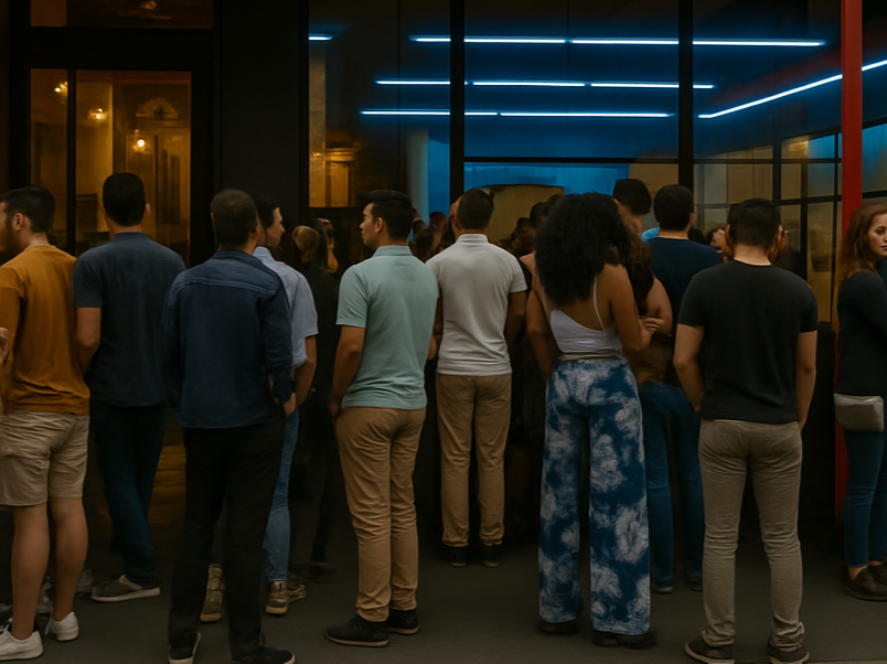 Grupo de pessoas esperando na fila de entrada de um evento ou restaurante à noite, com iluminação moderna em fundo de vidro e neon azul.