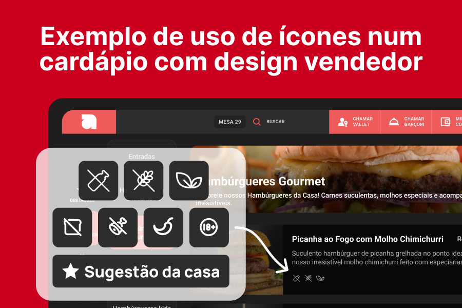 Imagem mostrando um cardápio digital com ícones de alimentos, destacando uma sugestão de prato com hambúrguer gourmet. Design com elementos intuitivos e foco em tecnologia para cardápio de restaurantes.