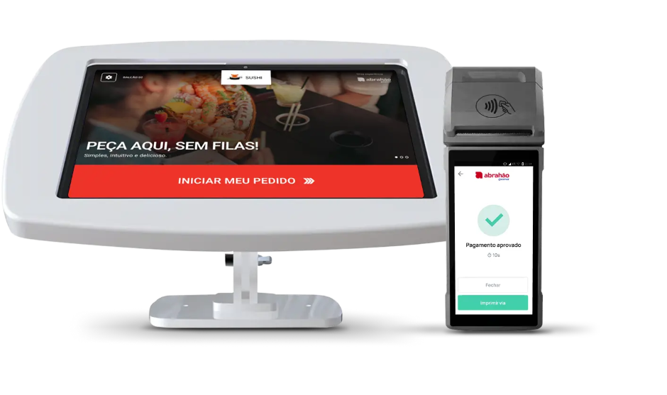Terminal de pagamento digital para pedidos online de comida, com tela sensível ao toque mostrando uma interface de pedido de pizza e pagamento aprovado.