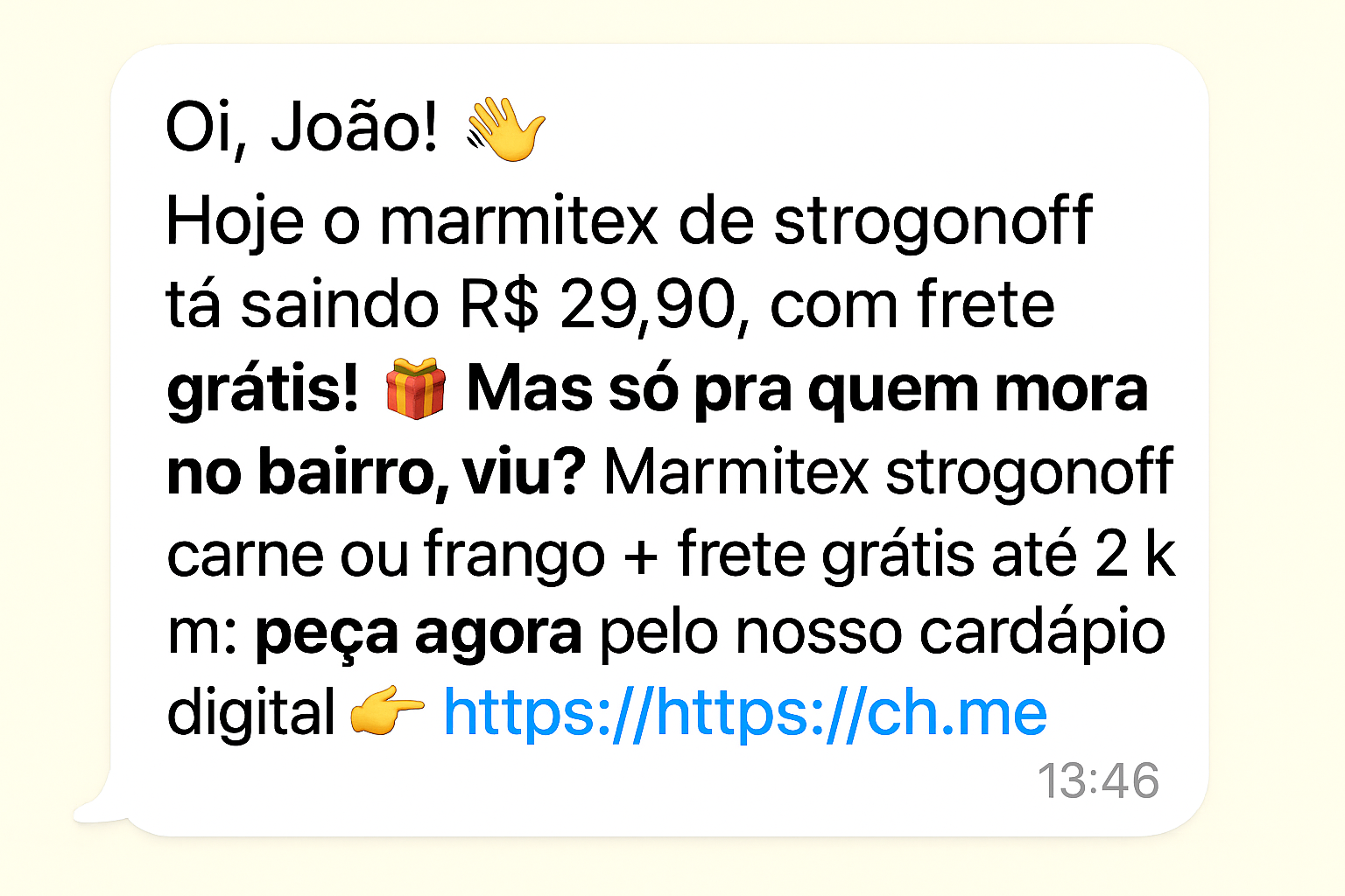 Reclame de marmitex de strogonoff com promoção de frete grátis até R$29,90, incluindo opções de carne ou frango, disponível para pedidos pelo celular.