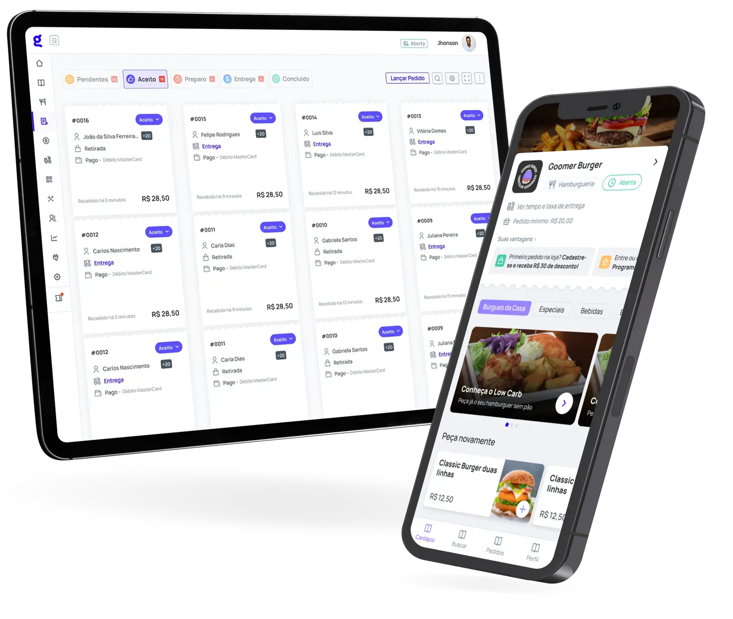 Imagem mostrando um tablet e um smartphone exibindo interfaces de aplicativos de gerenciamento de pedidos e delivery de alimentos.