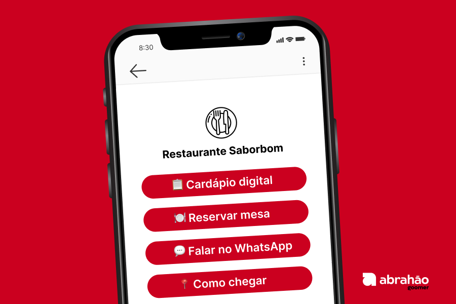 Página de links do Restaurante Saborbom com botões para cardápio, reserva e WhatsApp.