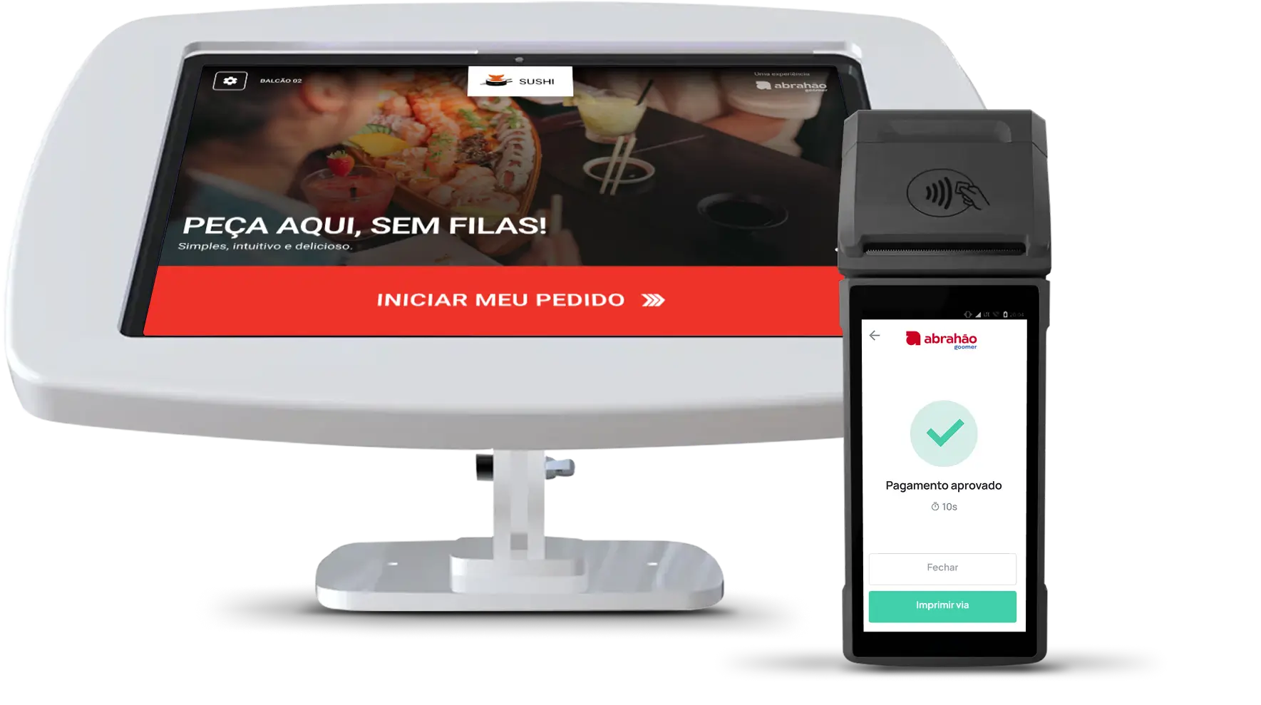 Tela de ponto de venda com sistema de pagamento digital, exibindo um dispositivo de pagamento móvel aprovado, ideal para compras rápidas e sem filas.