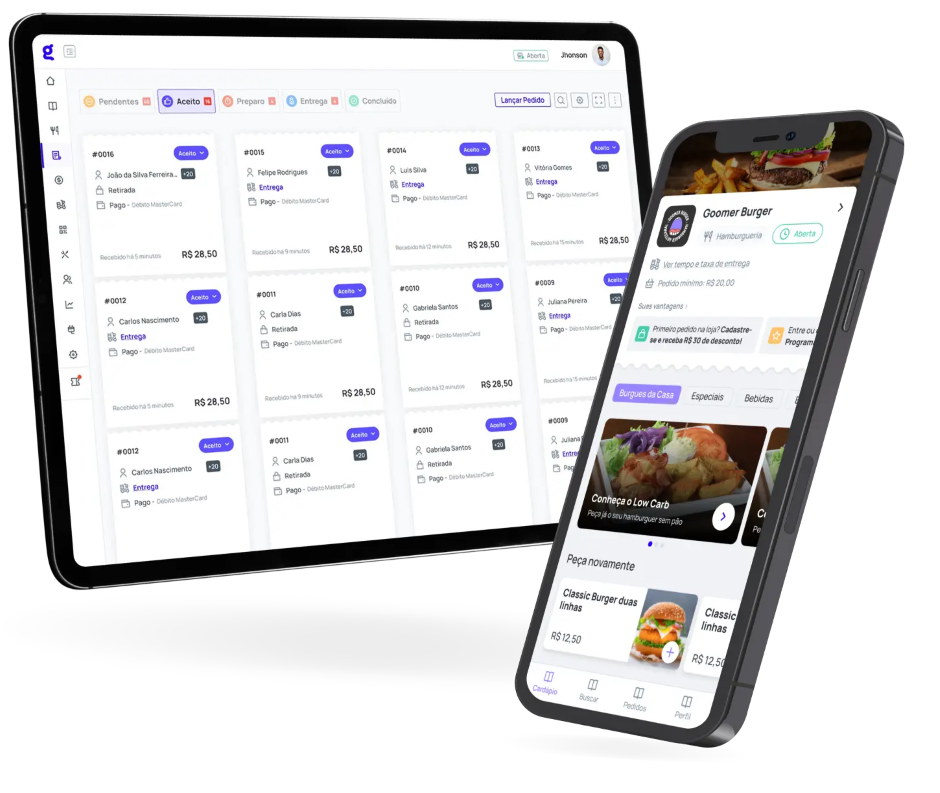 Imagem ilustrativa de um sistema de gestão de pedidos em uma tela de computador e um aplicativo de delivery em um smartphone, mostrando funcionalidades de controle de pedidos, pagamento e entrega para restaurantes.