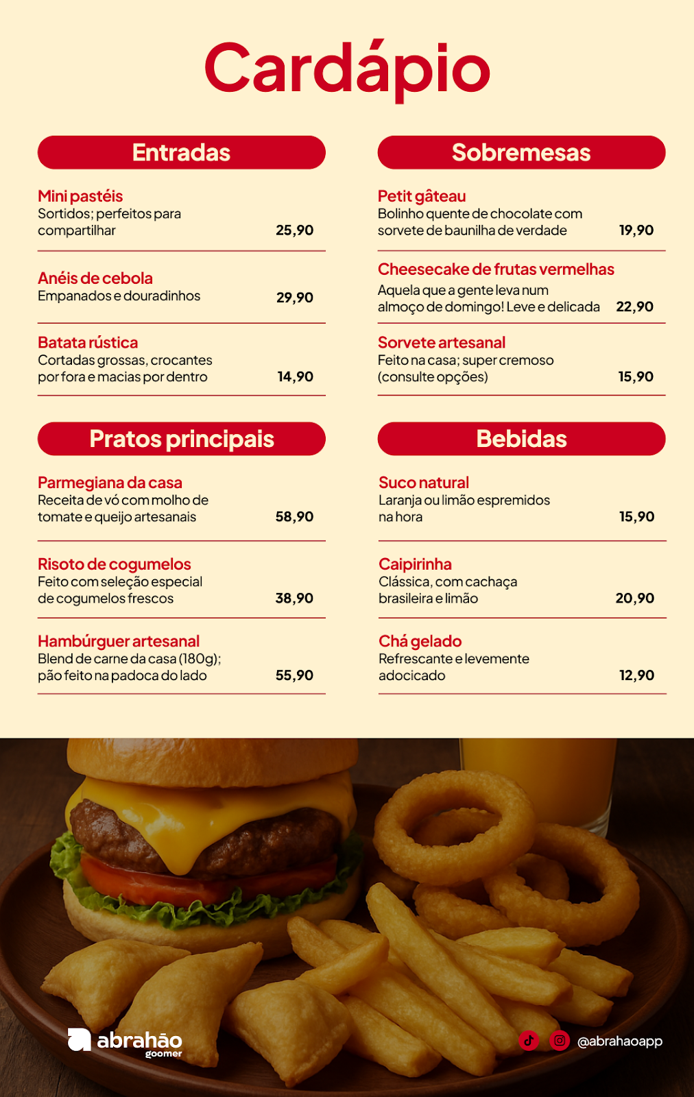 Imagem de um cardápio de restaurante com opções de entradas, pratos principais, sobremesas e bebidas, acompanhado de um hambúrguer artesanal com batatas fritas e onion rings.