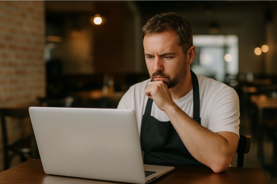 Homem pensativo trabalhando no computador em um ambiente de café ou restaurante, com expressão concentrada, usando avental preto, cenário aconchegante ao fundo.