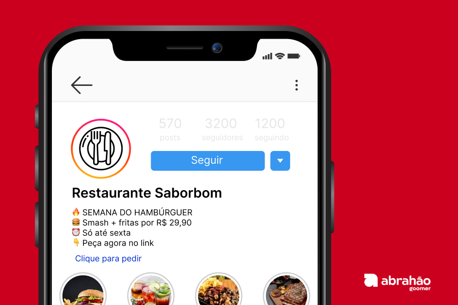 Interface de perfil do Instagram do Restaurante Saborbom com promoção de hambúrguer.