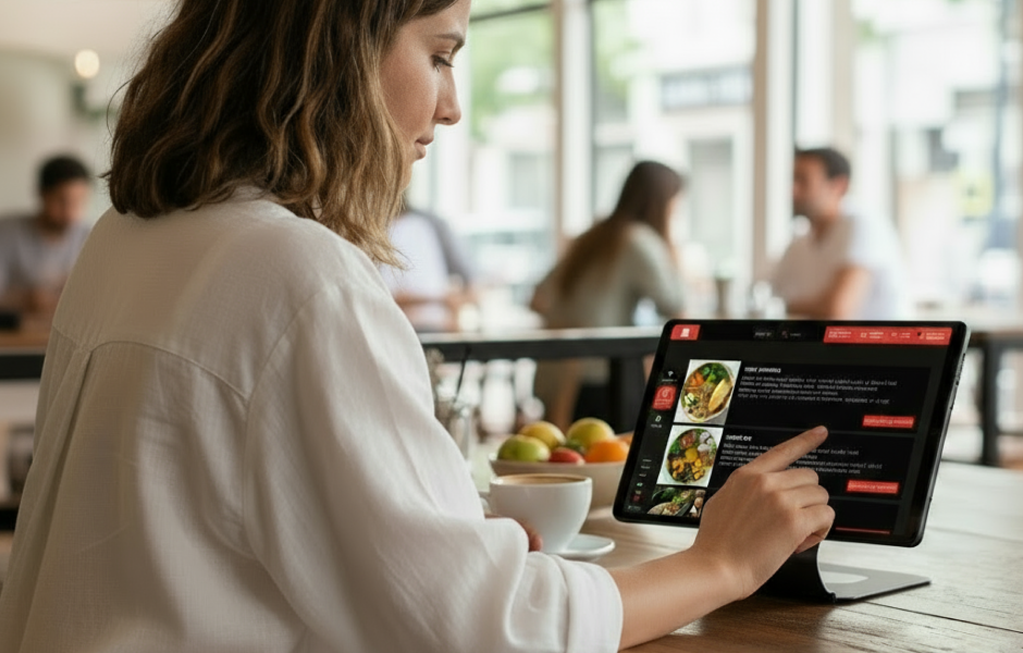 Mulher utilizando um tablet em um restaurante para fazer pedidos de comida, com outras pessoas ao fundo, ambiente moderno e bem iluminado.
